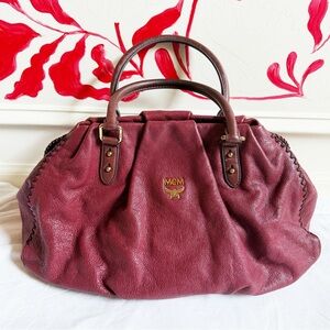 MCM Burgundy Maroon Leather Two Way Satchel Bag Leather Colon Hobo Medium